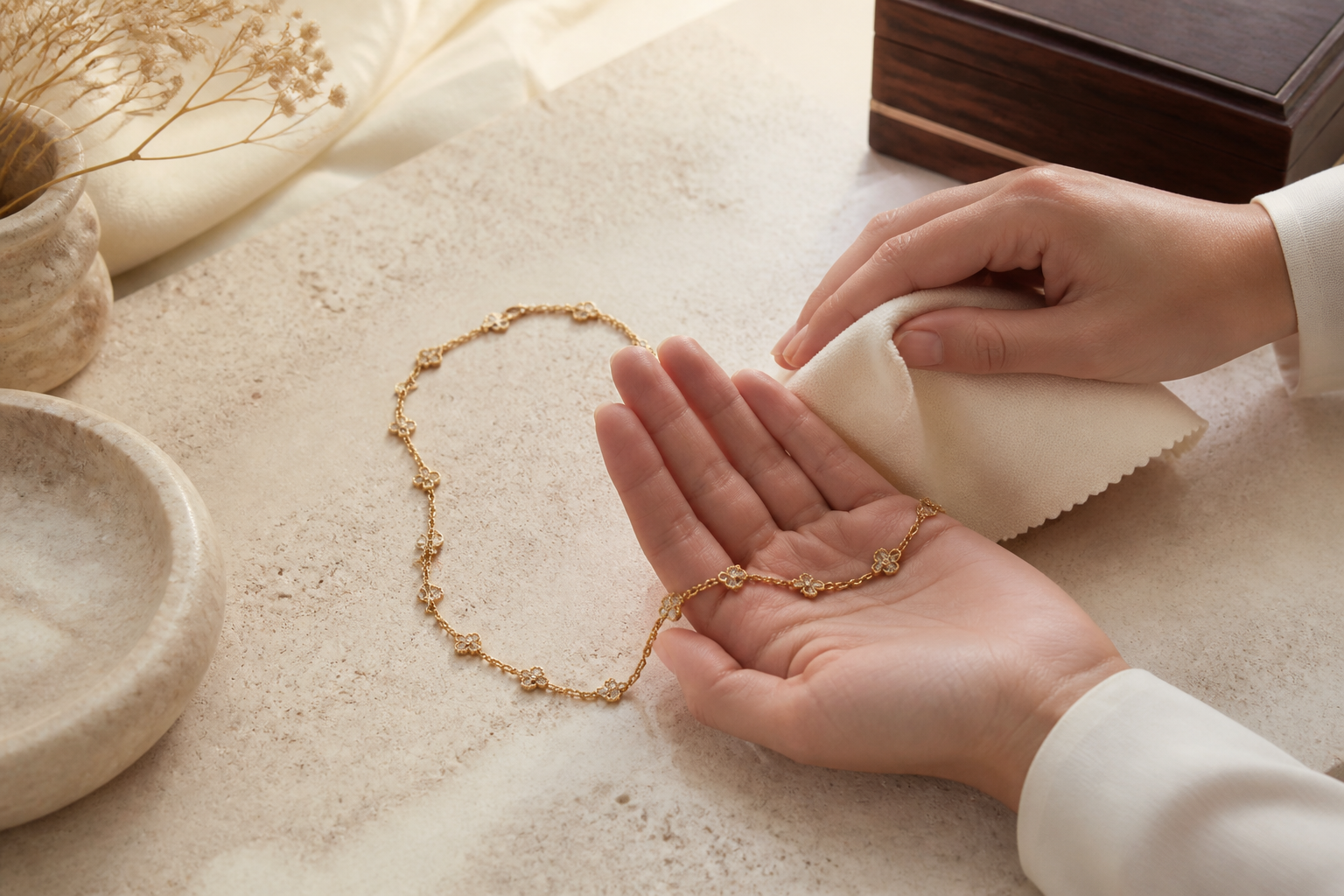 Hands gently polishing a gold necklace with a soft dry cloth