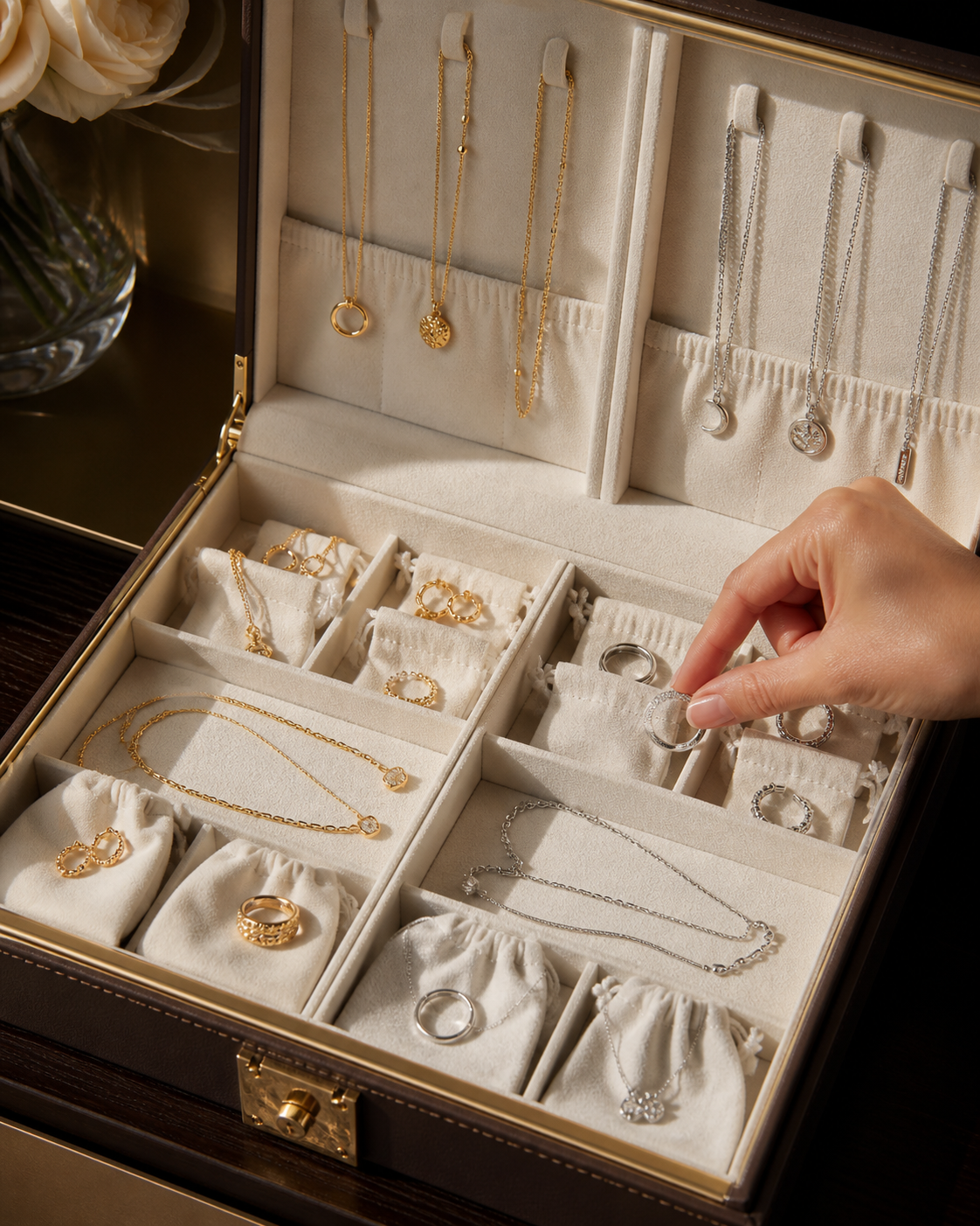 Gold and silver jewelry stored separately in a lined jewelry box