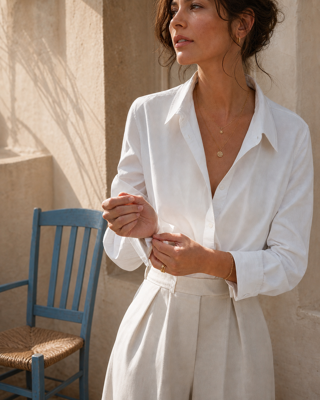 Woman styling layered gold-tone necklaces with a crisp white shirt