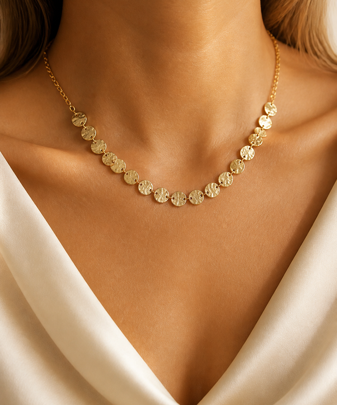 Model wearing Elara Medallion Necklace in gold [finish:gold]