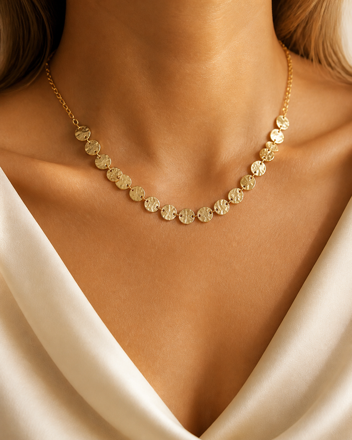Model wearing Elara Medallion Necklace in gold [finish:gold]