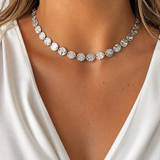 Model wearing Elara Medallion Necklace in silver [finish:silver]