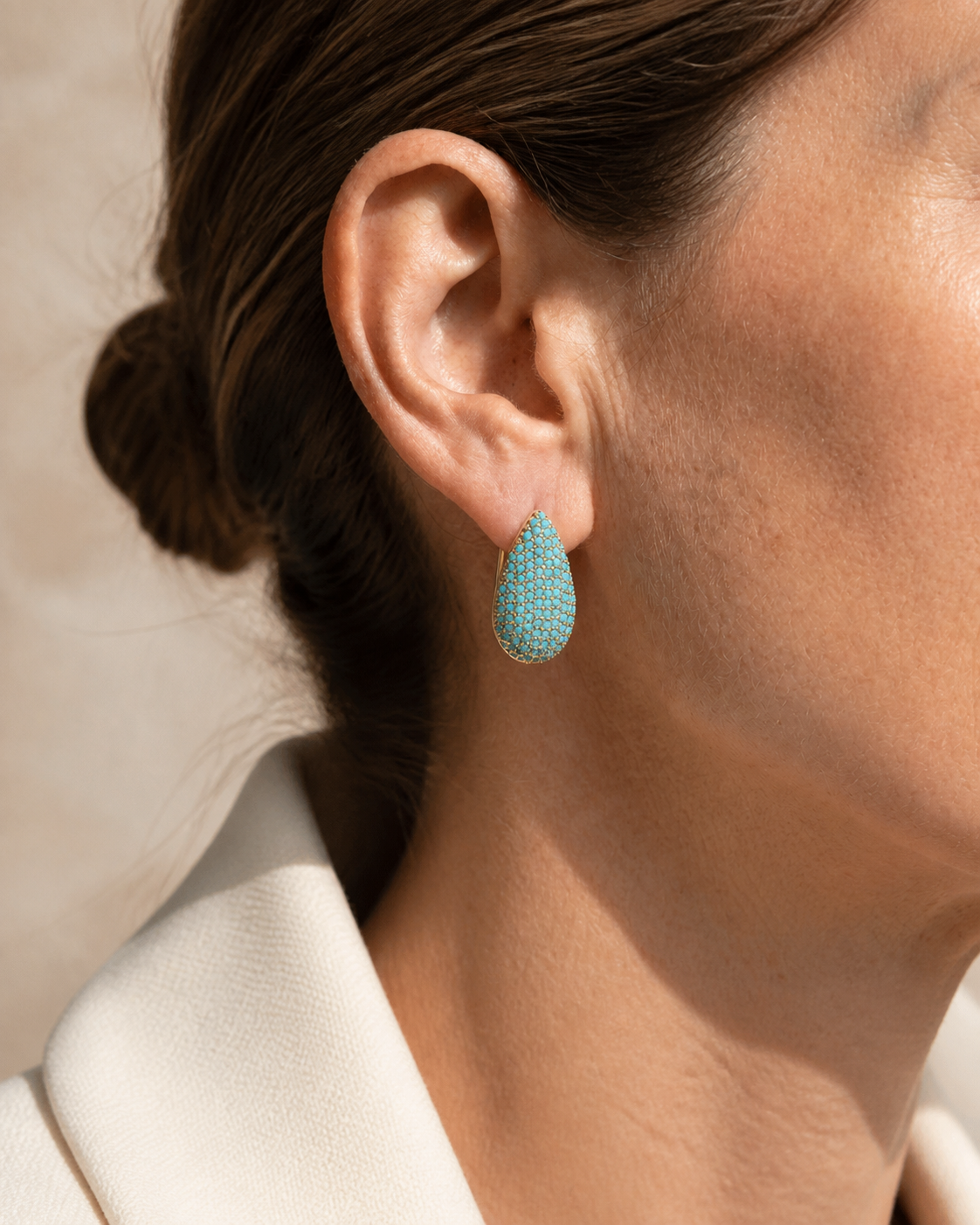 Model wearing Azure Teardrop Earrings