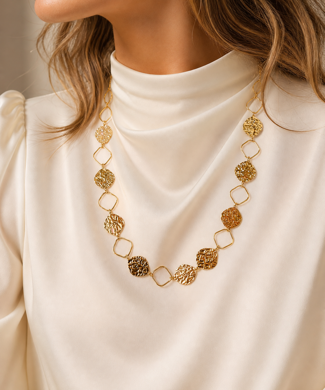 Model wearing Celeste Zircon Necklace in gold [finish:gold]