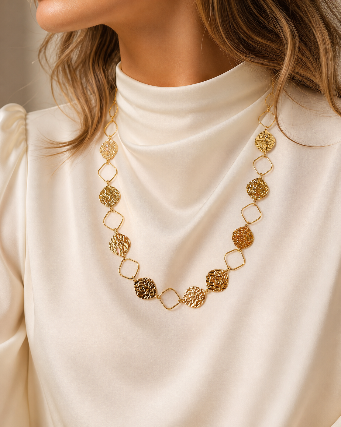 Model wearing Celeste Zircon Necklace in gold