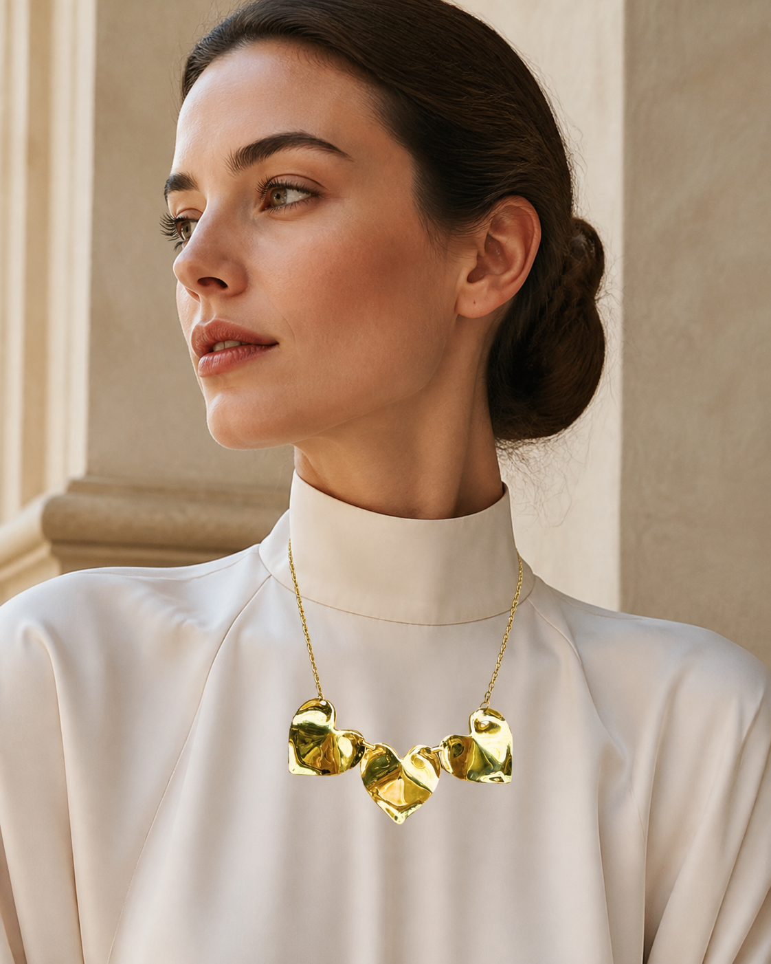 Model wearing Fiora Petal Necklace in gold