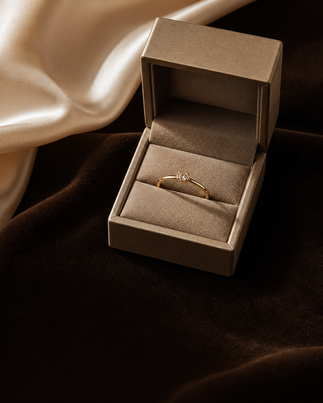Open jewelry box with a delicate gold ring on espresso velvet and ivory silk