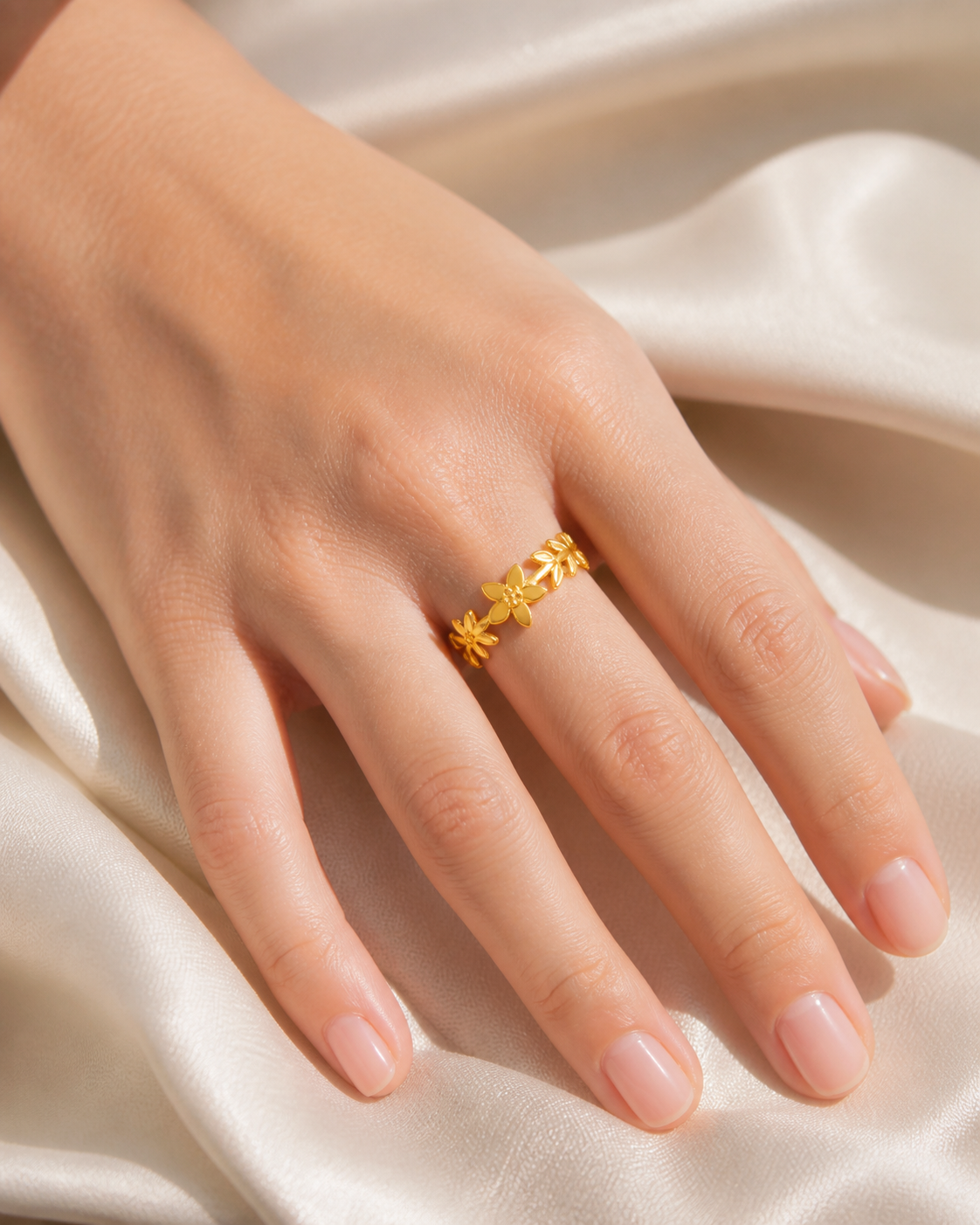 Model wearing Elowen Gold-Plated Steel Ring