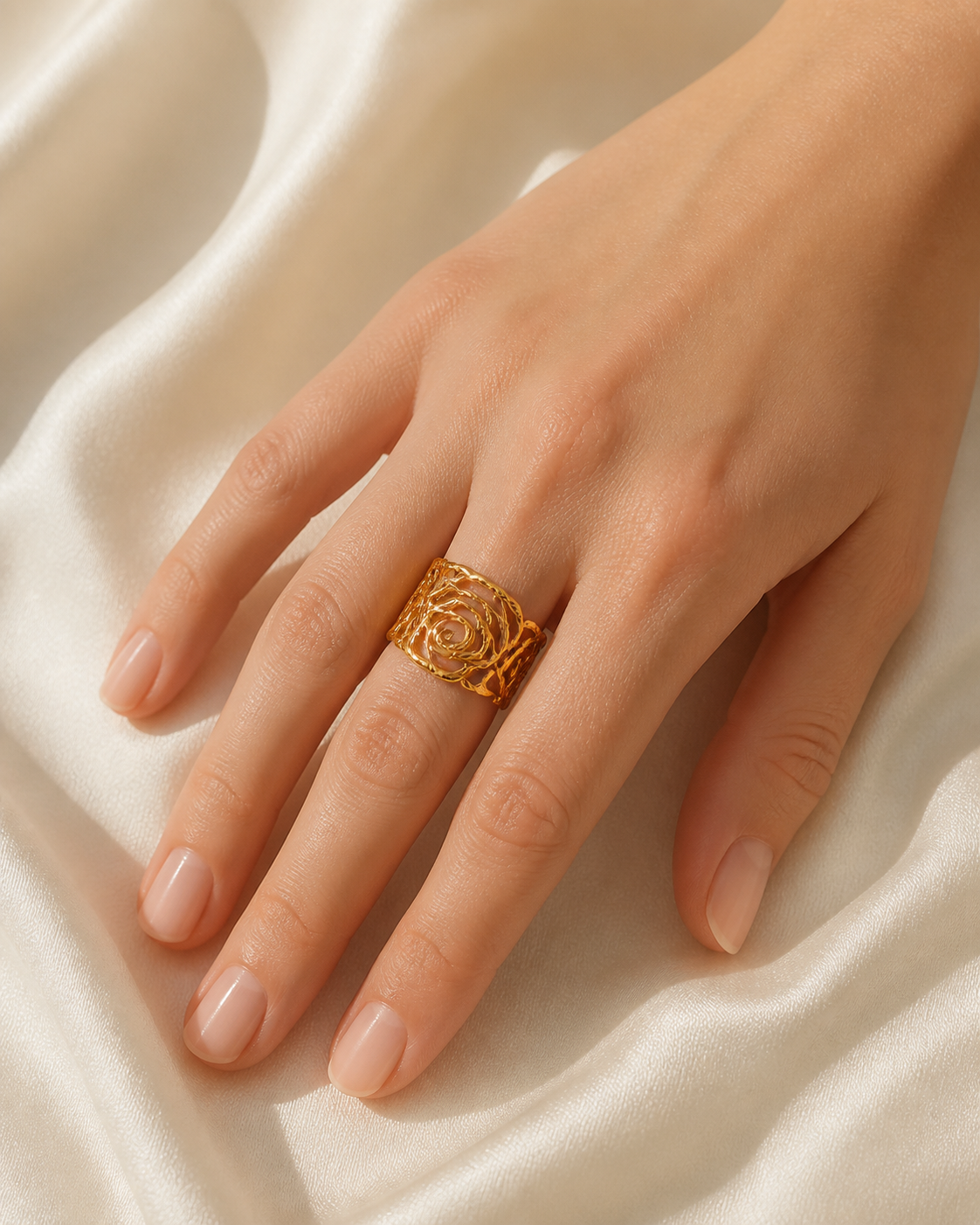 Model wearing Rosalind Gold-Plated Steel Ring