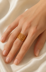Model wearing Rosalind Gold-Plated Steel Ring
