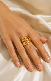 Model wearing Briony Gold-Plated Steel Ring