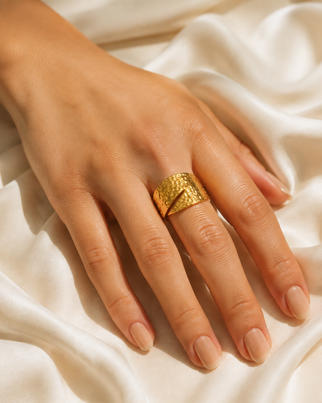 Model wearing Hazel Gold-Plated Steel Ring