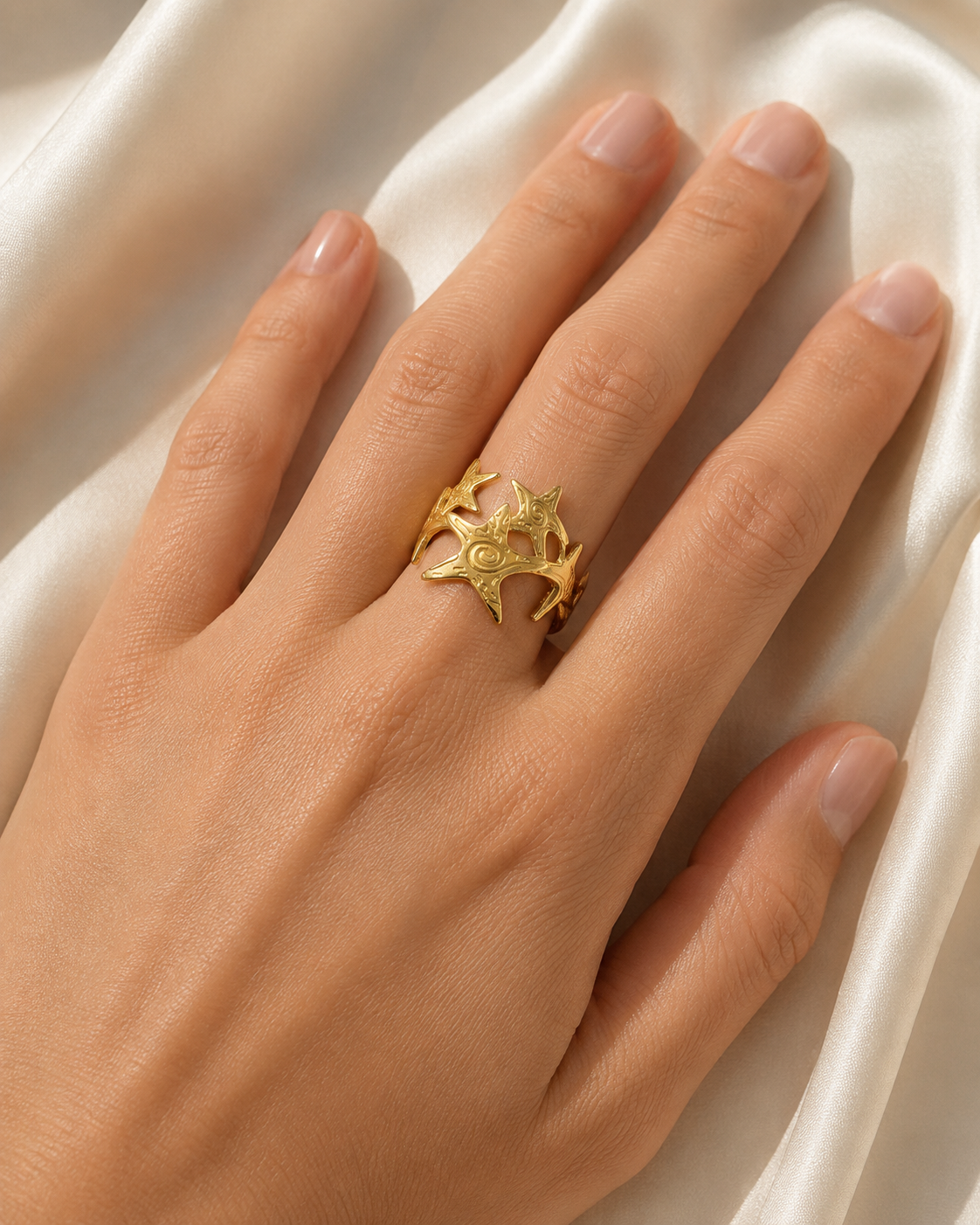 Model wearing Quinlan Gold-Plated Steel Ring