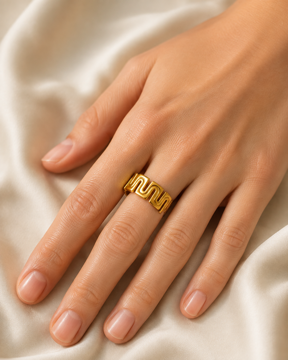 Model wearing Rosetta Gold-Plated Steel Ring