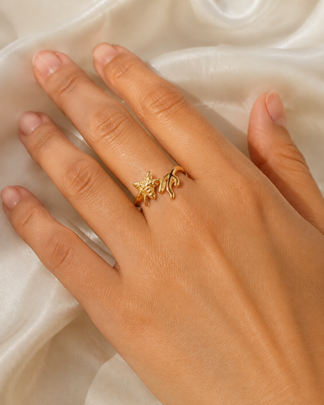 Model wearing Aveline Gold-Plated Steel Ring