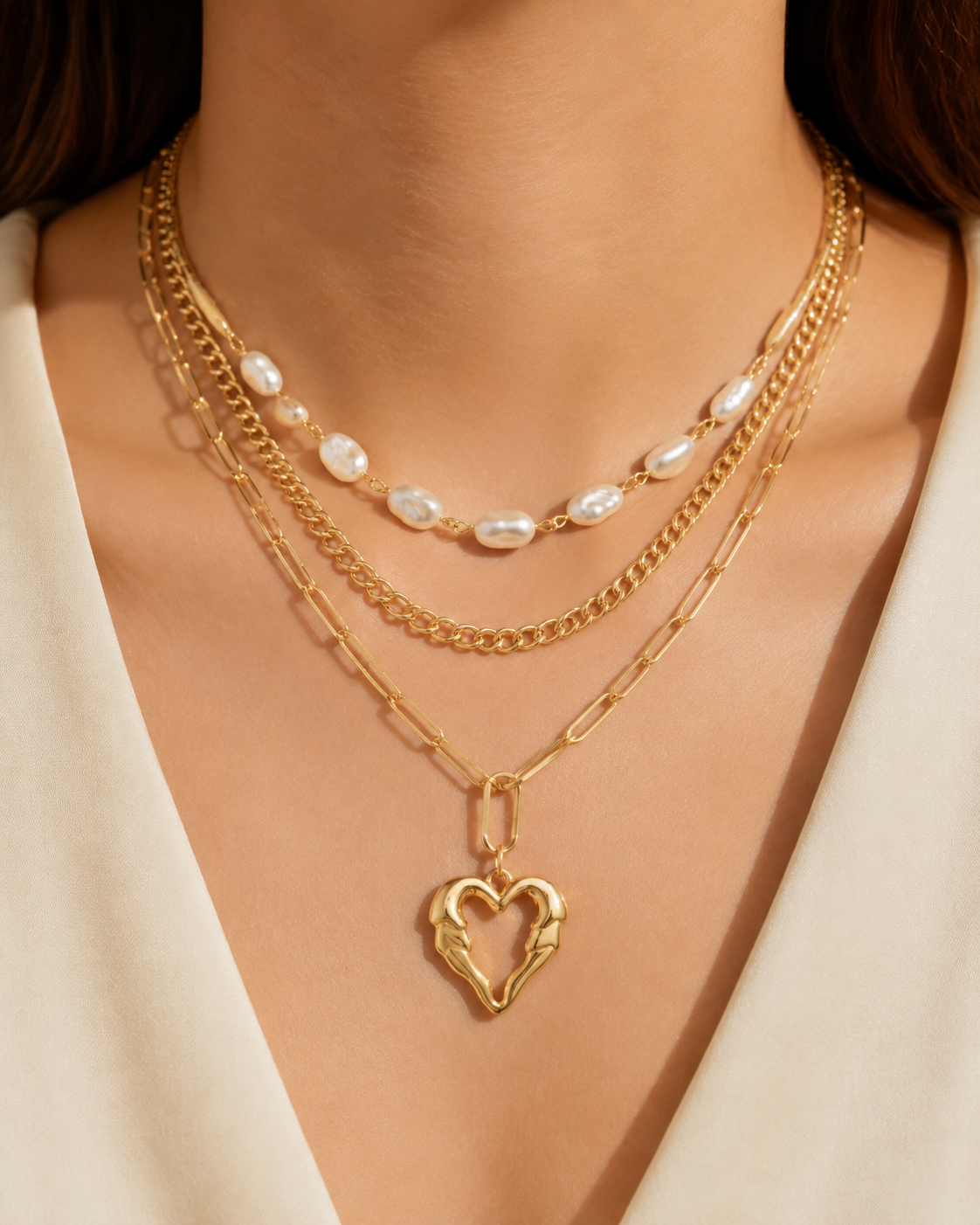 Model wearing Liora Pearl Heart Necklace — Edition 2