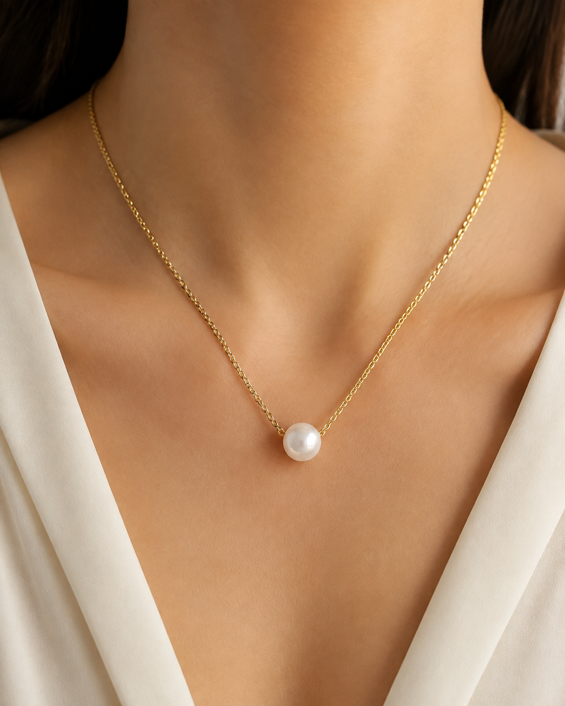 Model wearing Liora Pearl Heart Necklace — Edition 3