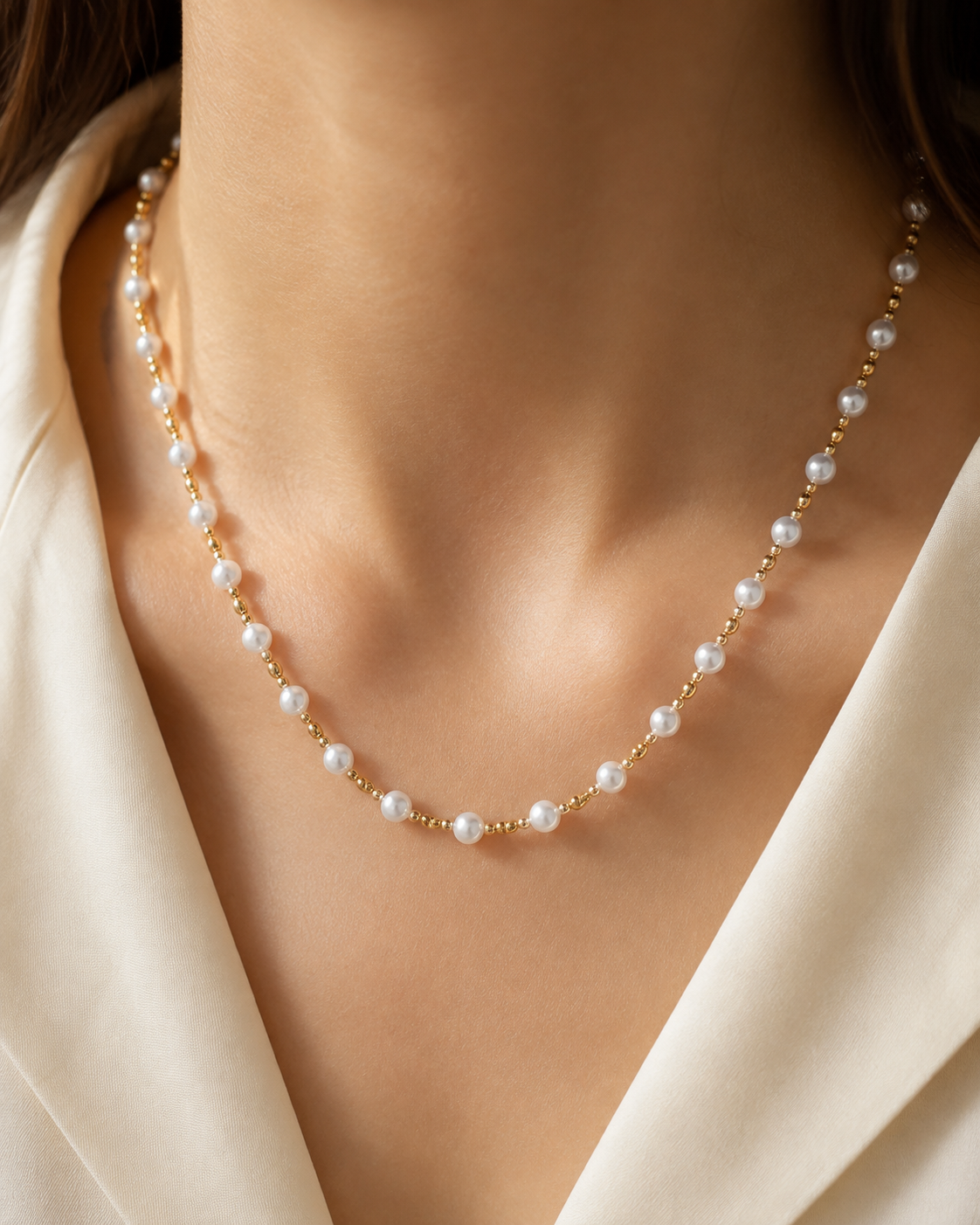 Model wearing Liora Pearl Heart Necklace — No. 3