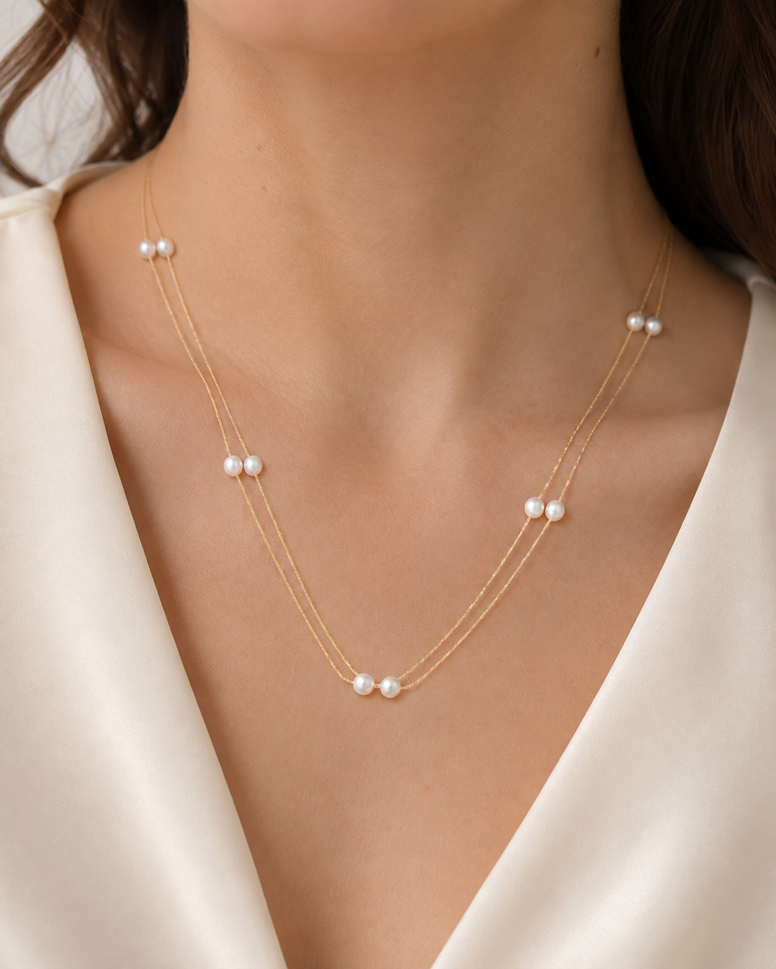 Model wearing Liora Pearl Heart Necklace — No. 4