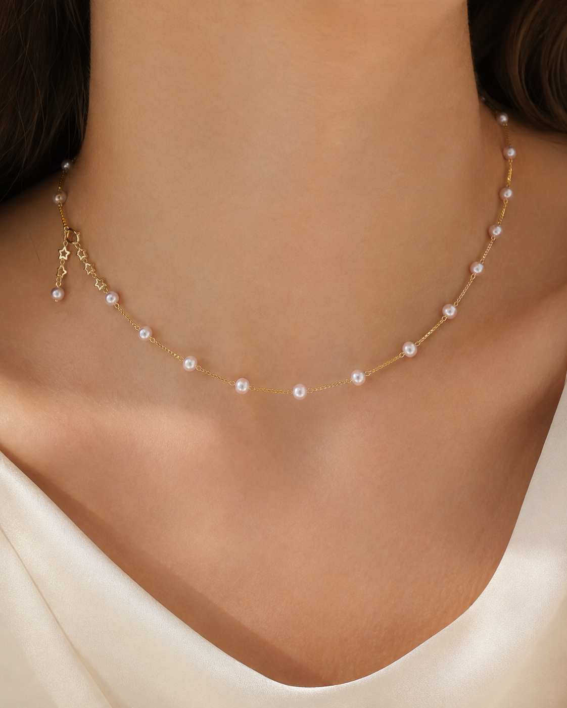 Model wearing Liora Pearl Heart Necklace — No. 60