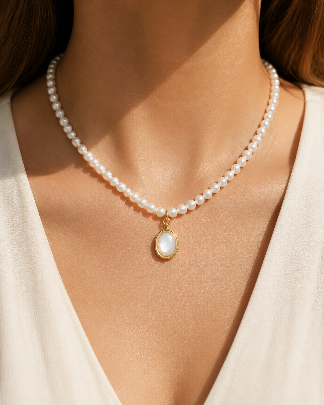 Model wearing Liora Pearl Heart Necklace — No. 6