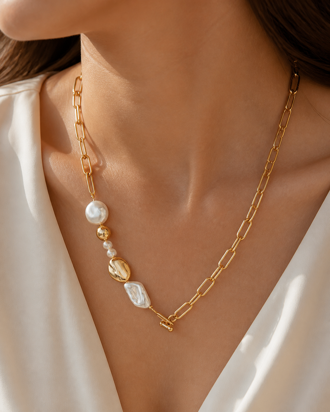 Model wearing Liora Pearl Heart Necklace — No. 7