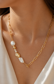 Model wearing Liora Pearl Heart Necklace — No. 7