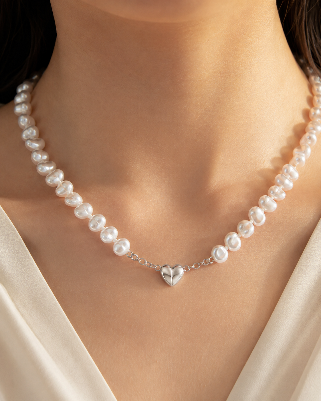 Model wearing Liora Pearl Heart Necklace — No. 13