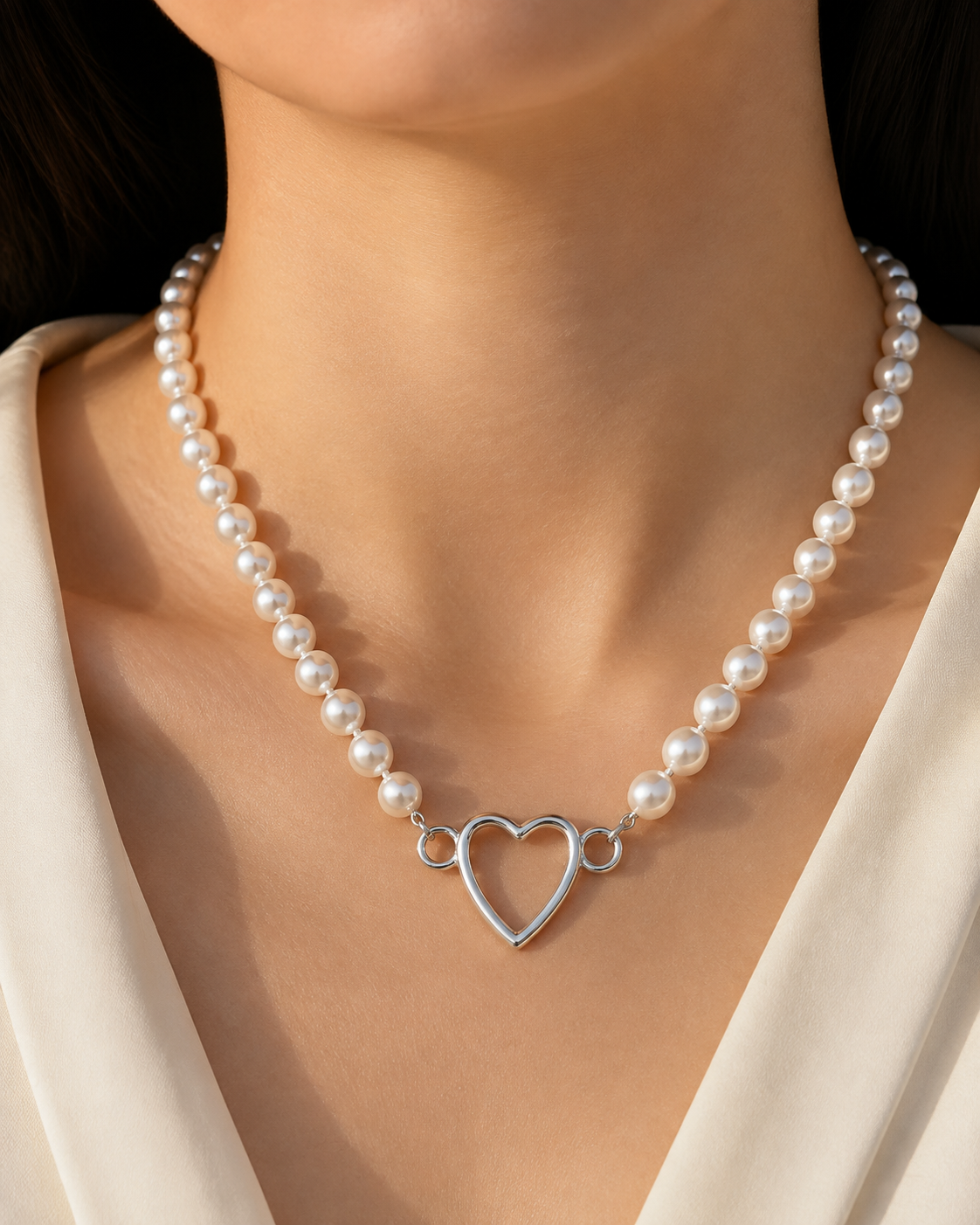 Model wearing Liora Pearl Heart Necklace — Edition 5