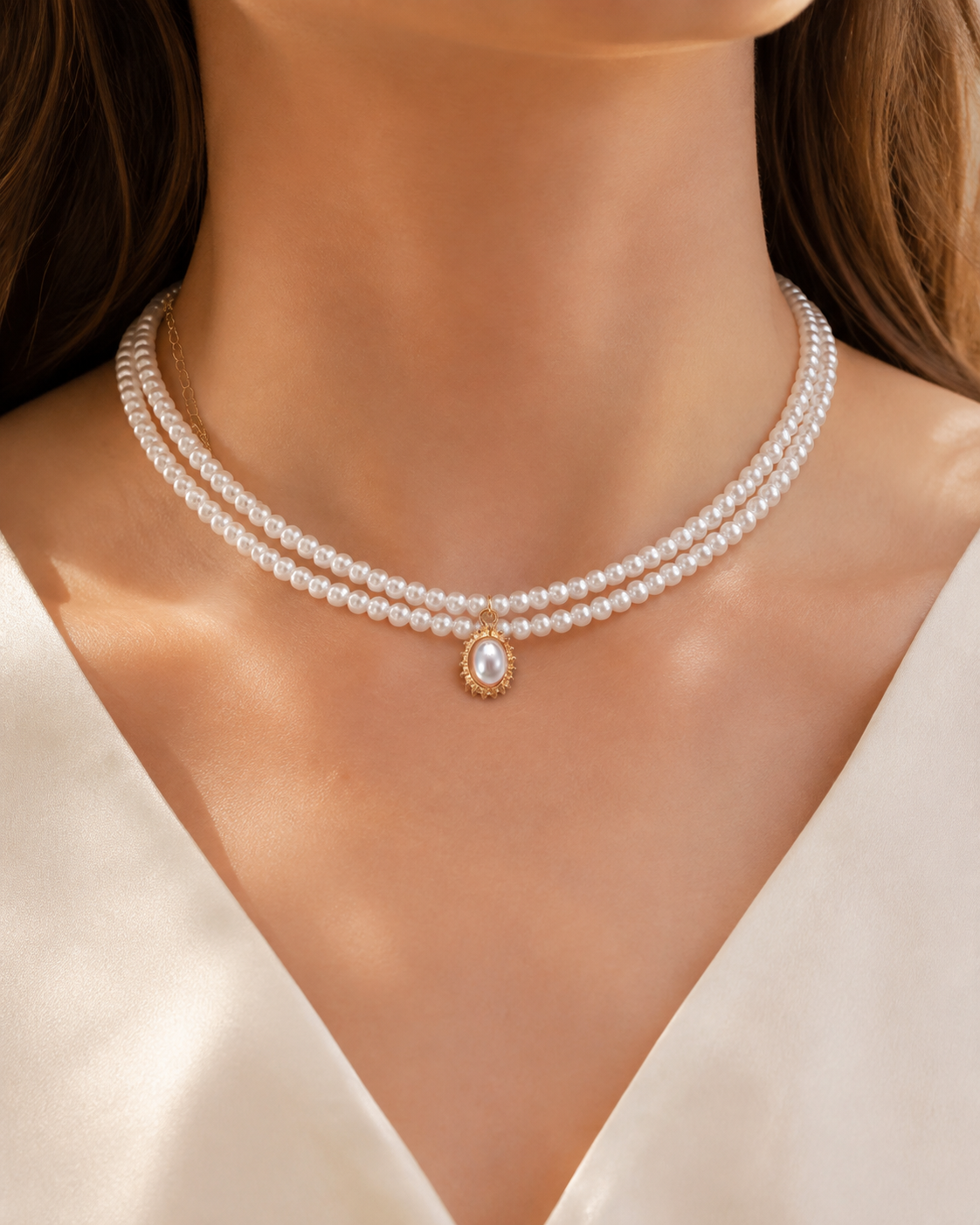 Model wearing Liora Pearl Heart Necklace — Edition 6