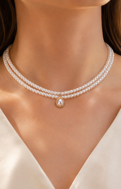 Model wearing Liora Pearl Heart Necklace — Edition 6