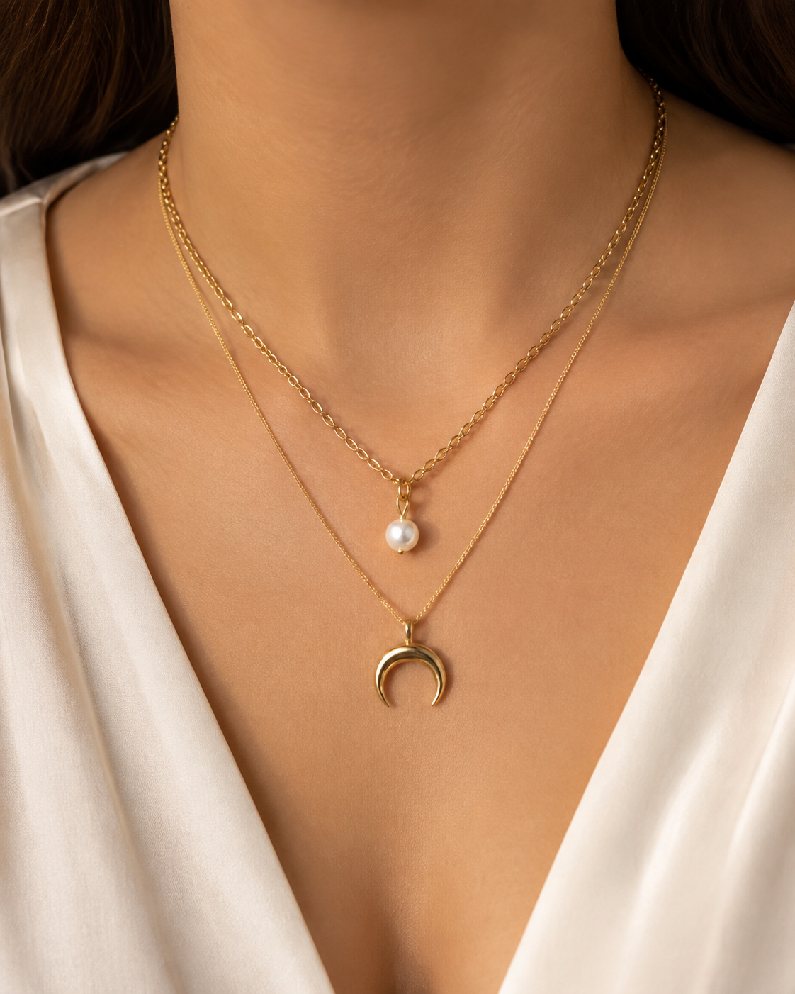 Model wearing Liora Pearl Heart Necklace — Edition 7