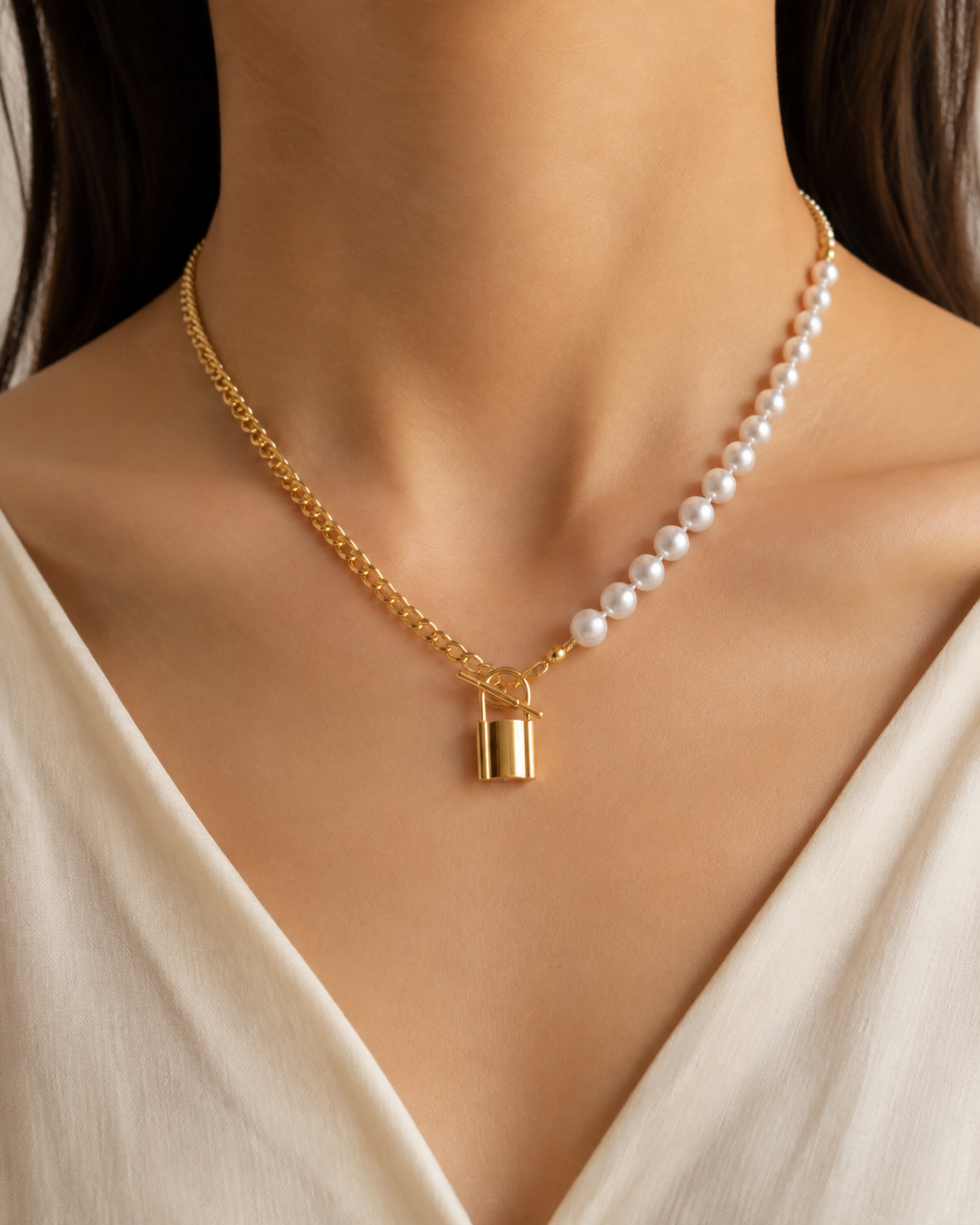 Model wearing Liora Pearl Heart Necklace — Edition 9