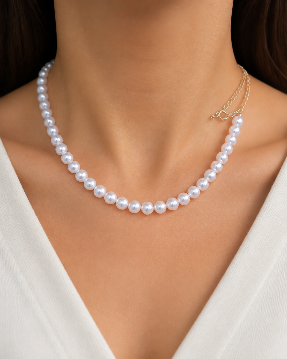 Model wearing Liora Pearl Heart Necklace — No. 34