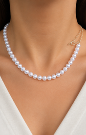 Model wearing Liora Pearl Heart Necklace — No. 34