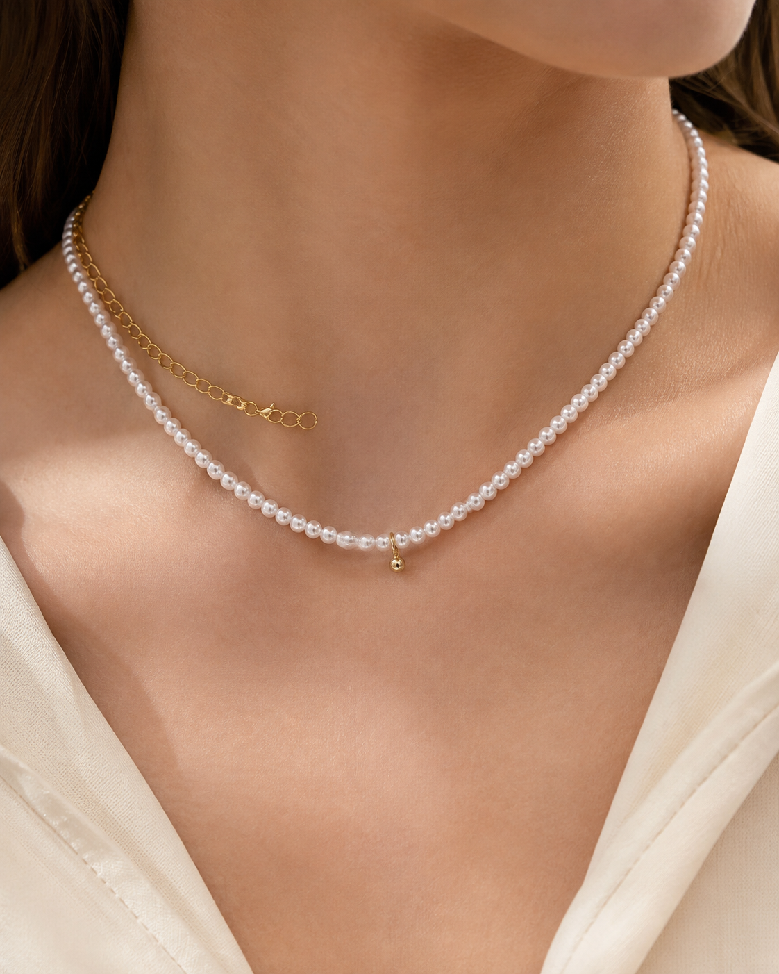Model wearing Liora Pearl Heart Necklace — Edition 11