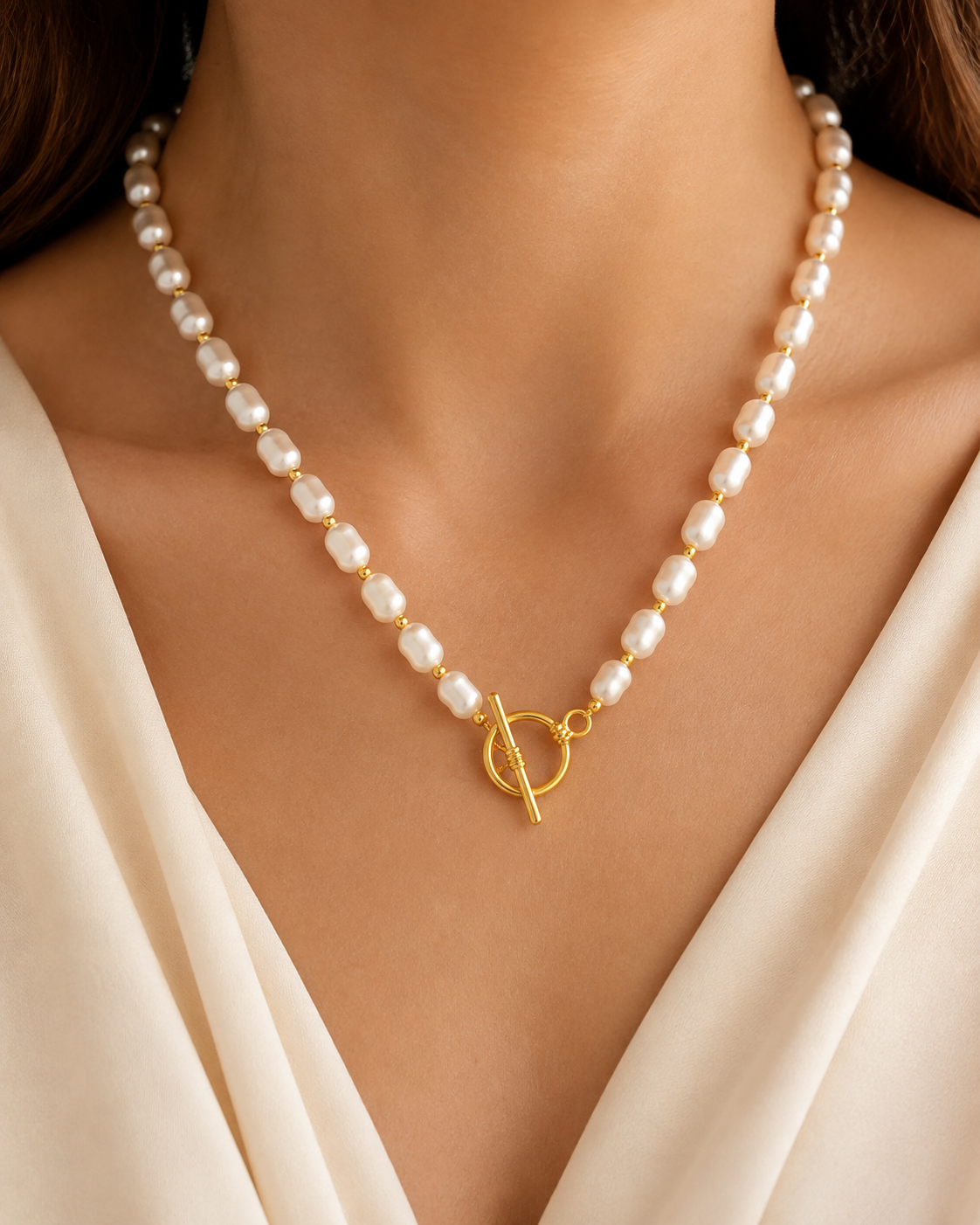 Model wearing Liora Pearl Heart Necklace — Edition 13