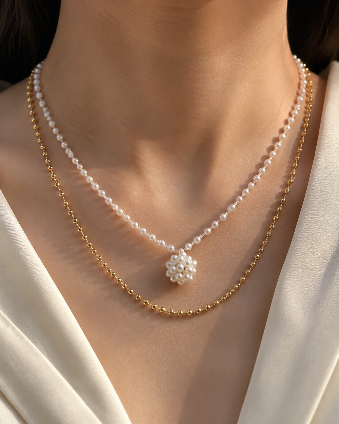 Model wearing Liora Pearl Heart Necklace — Edition 18