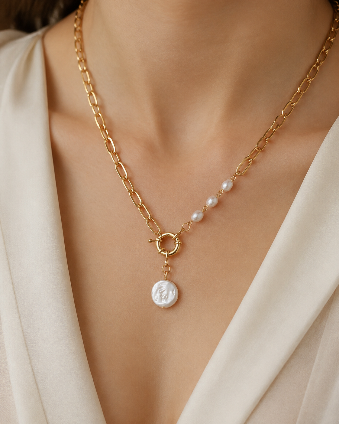 Model wearing Liora Pearl Heart Necklace — Edition 19