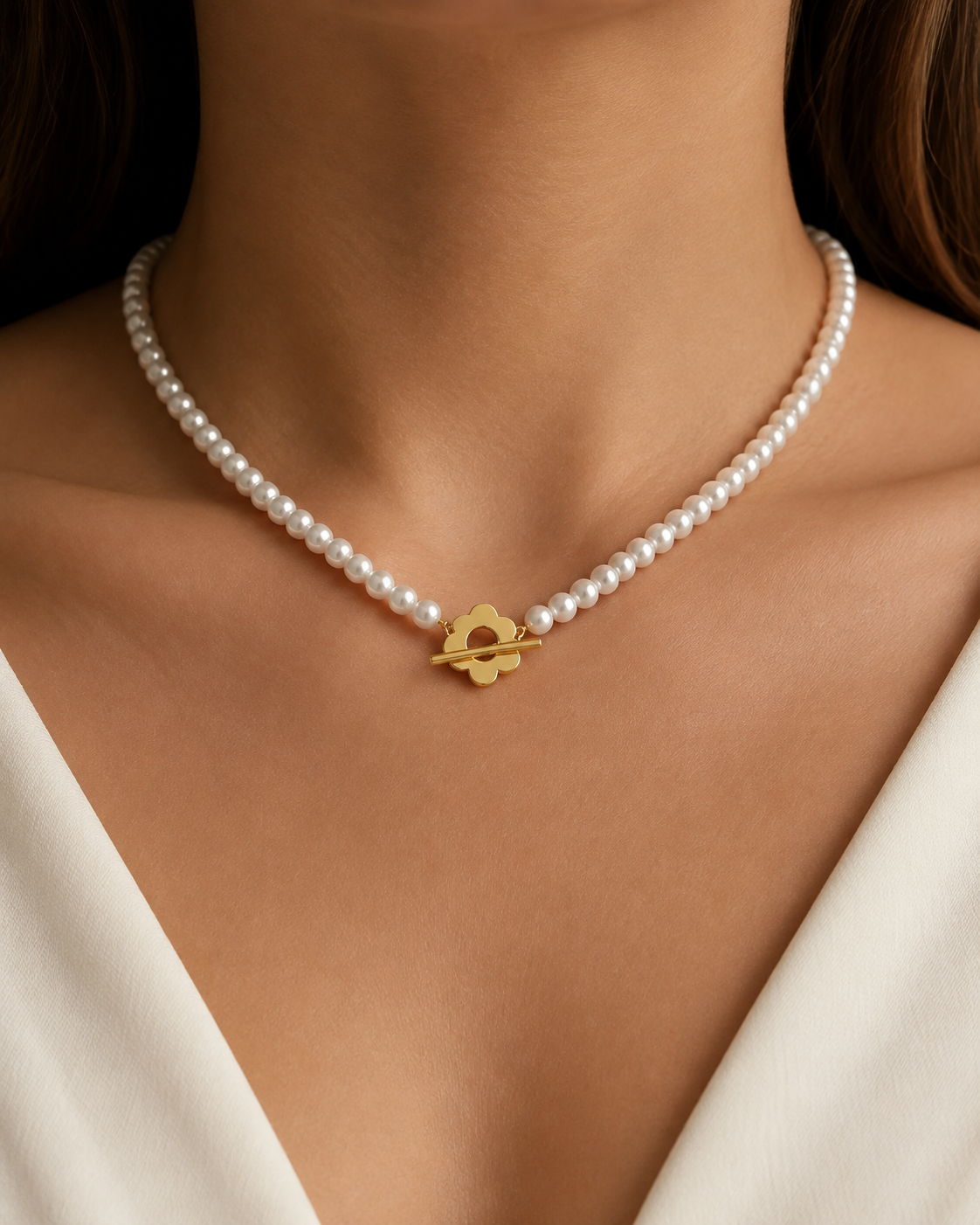 Model wearing Liora Pearl Heart Necklace — Edition 20