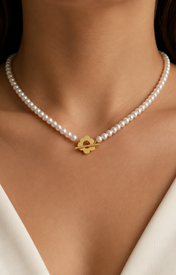 Model wearing Liora Pearl Heart Necklace — Edition 20
