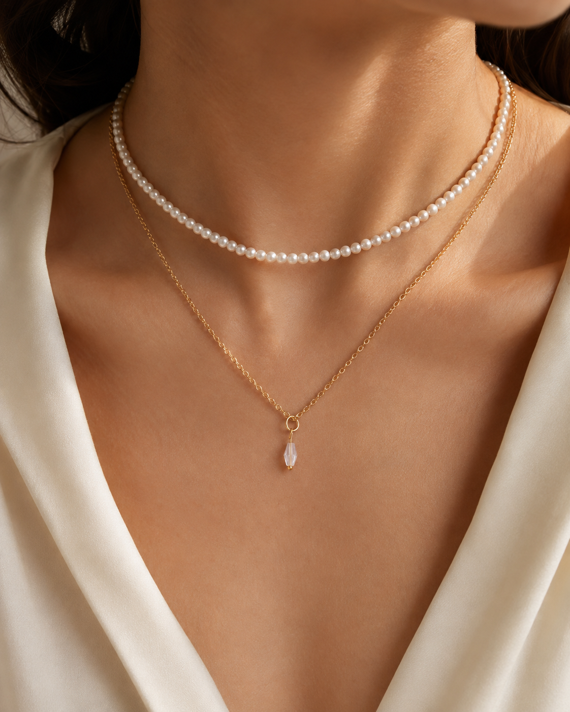 Model wearing Liora Pearl Heart Necklace — Edition 22
