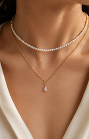 Model wearing Liora Pearl Heart Necklace — Edition 22