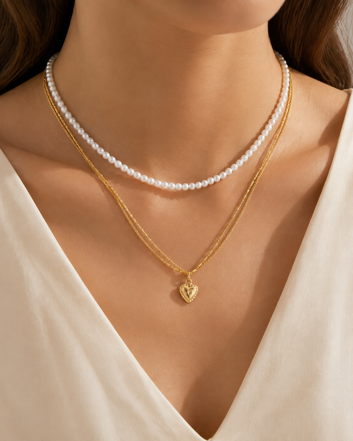Model wearing Liora Pearl Heart Necklace