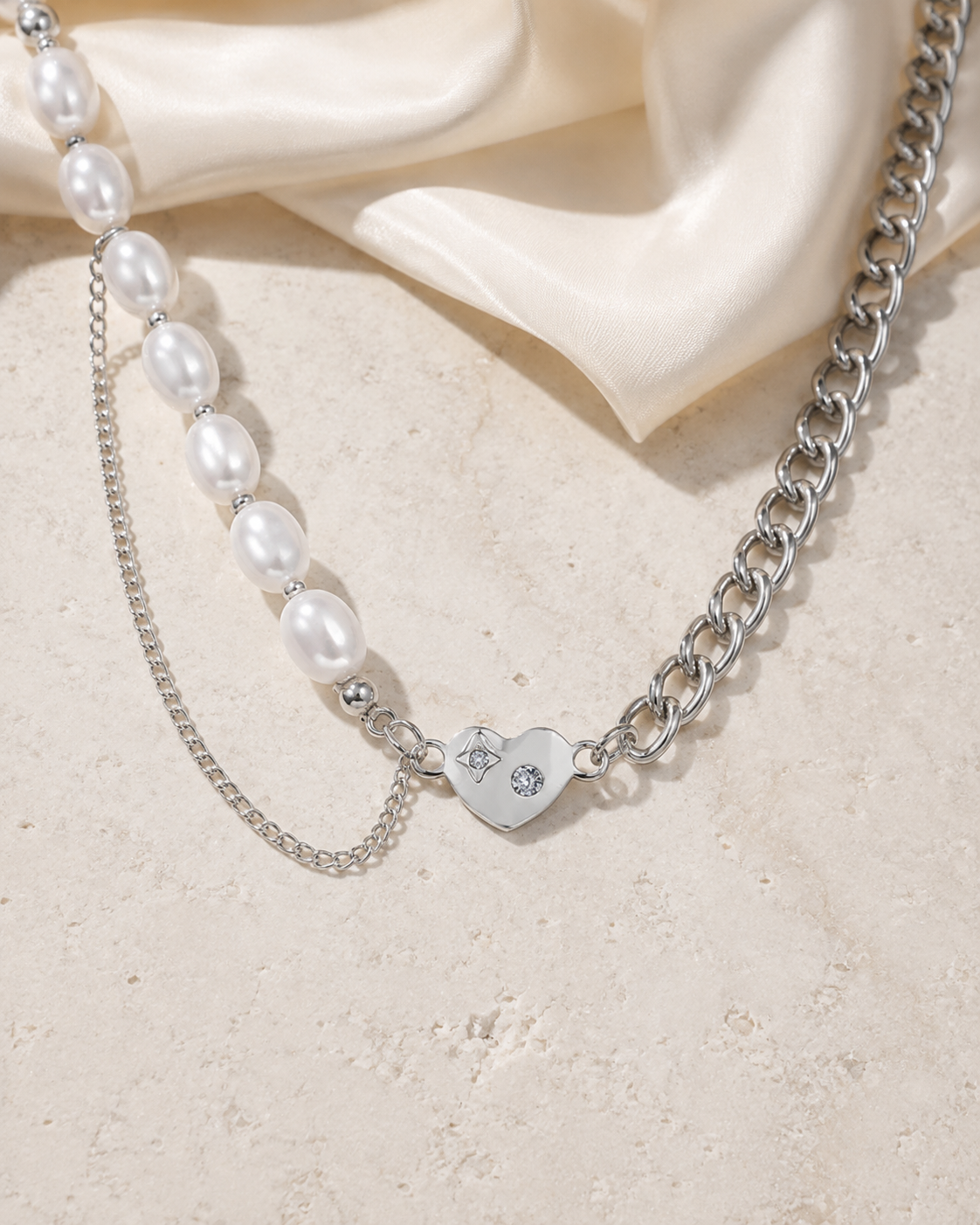Selene Pearl Heart Necklace close detail