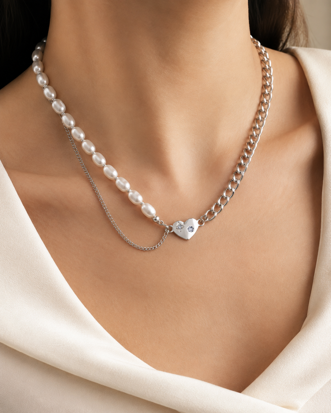 Model wearing Selene Pearl Heart Necklace