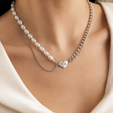 Model wearing Selene Pearl Heart Necklace