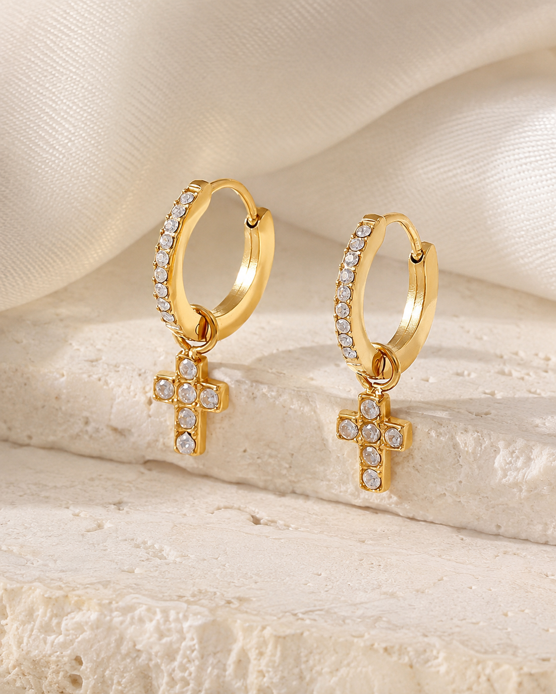 Cross Charm Zircon Stud Earrings close detail