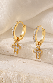 Cross Charm Zircon Stud Earrings close detail