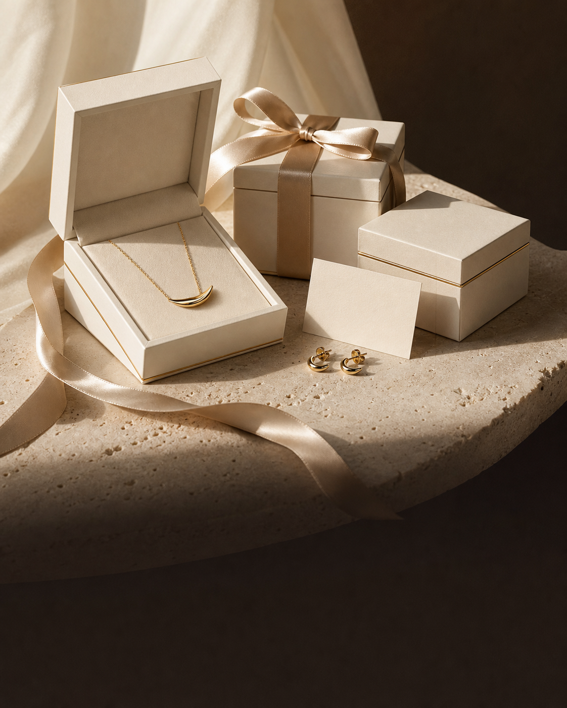 Gold-tone jewelry presented in warm ivory gift boxes